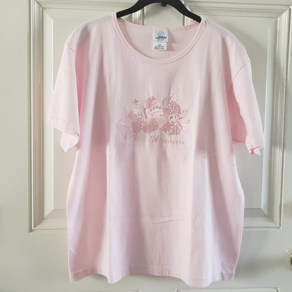 COTTON Soft Hawaii Embroidered Crew Neck Short Sleeves T Shirt SZ L